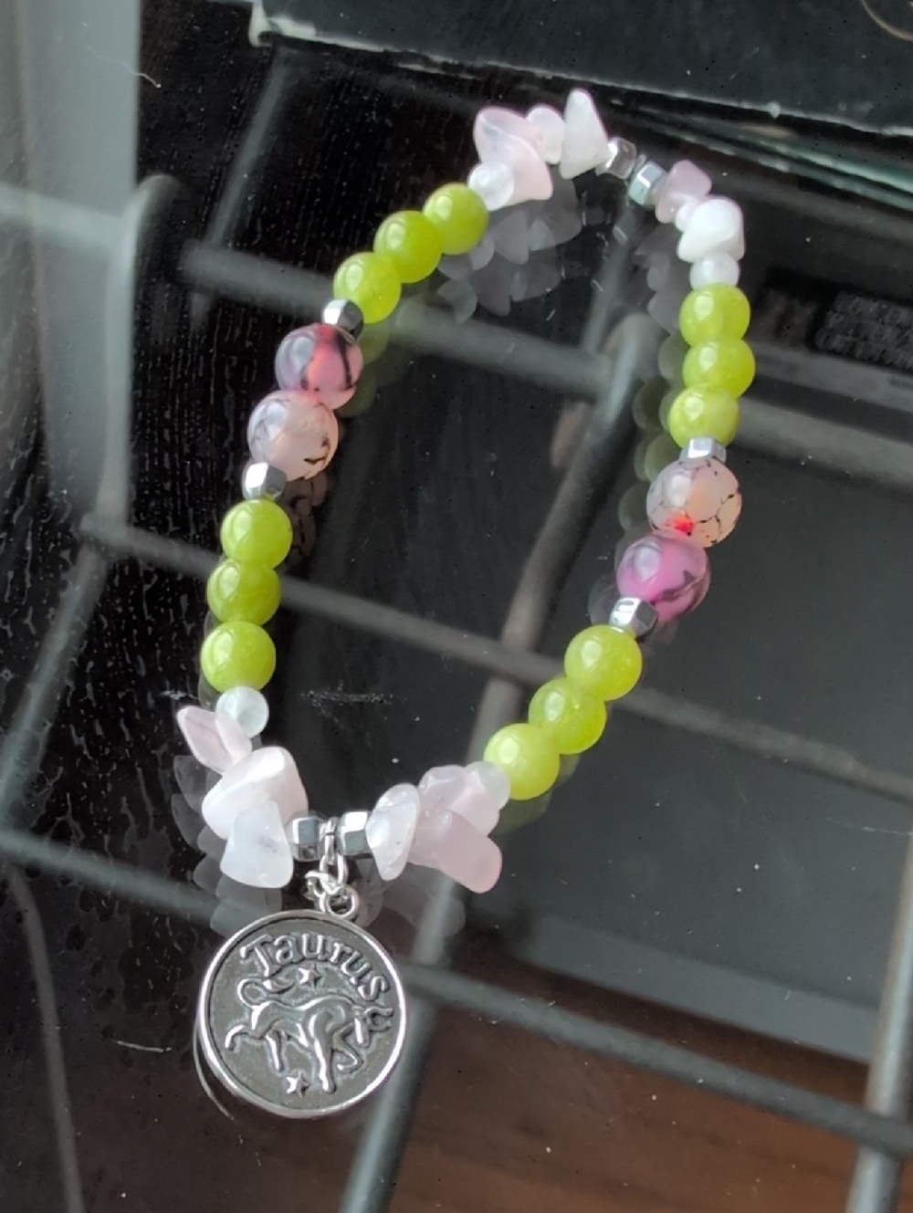 Taurus Charm Bracelet With Rose Quartz, Peridot, Dragon Vein Agate And Hematite